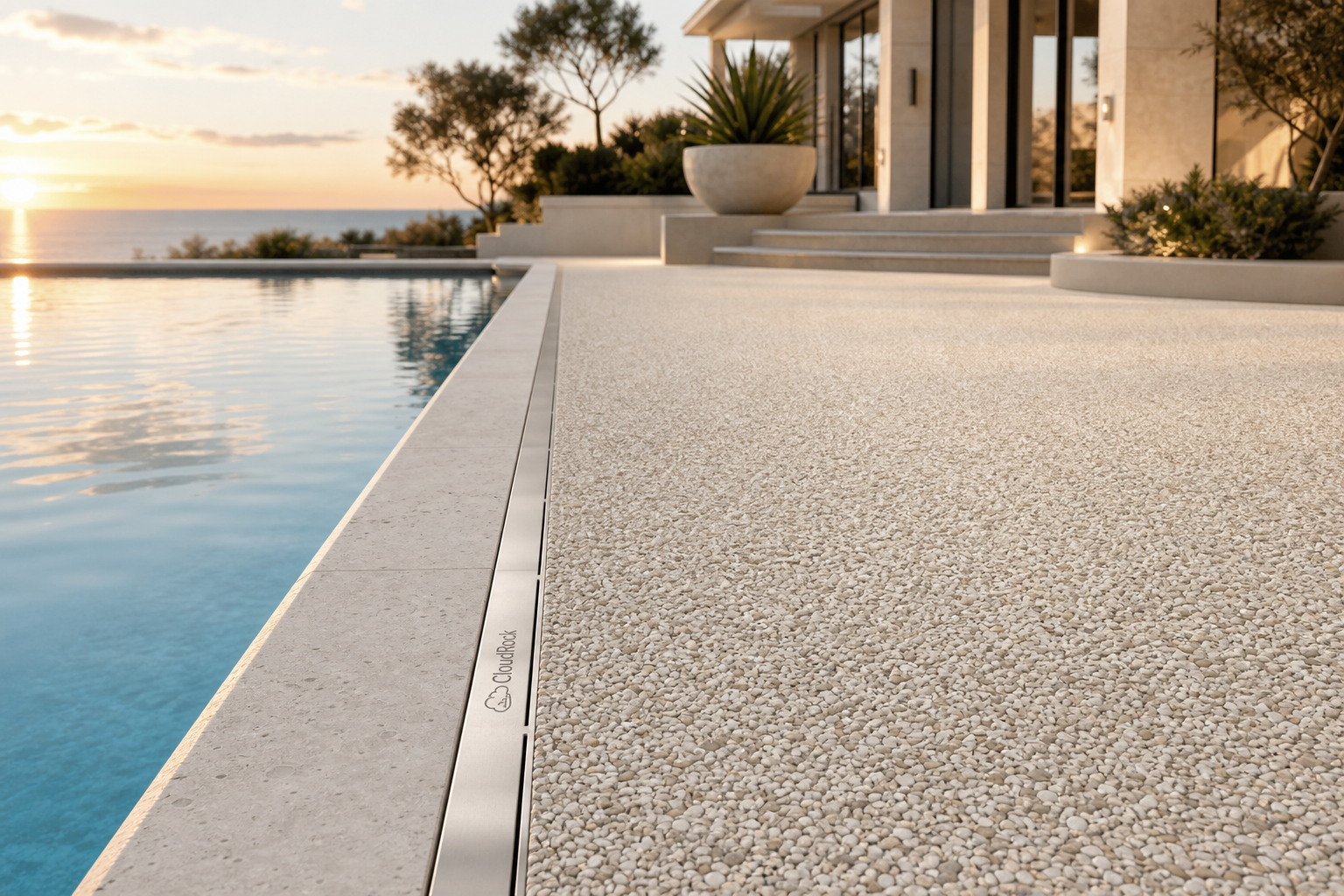 Pool edge resin-bound stone carpet