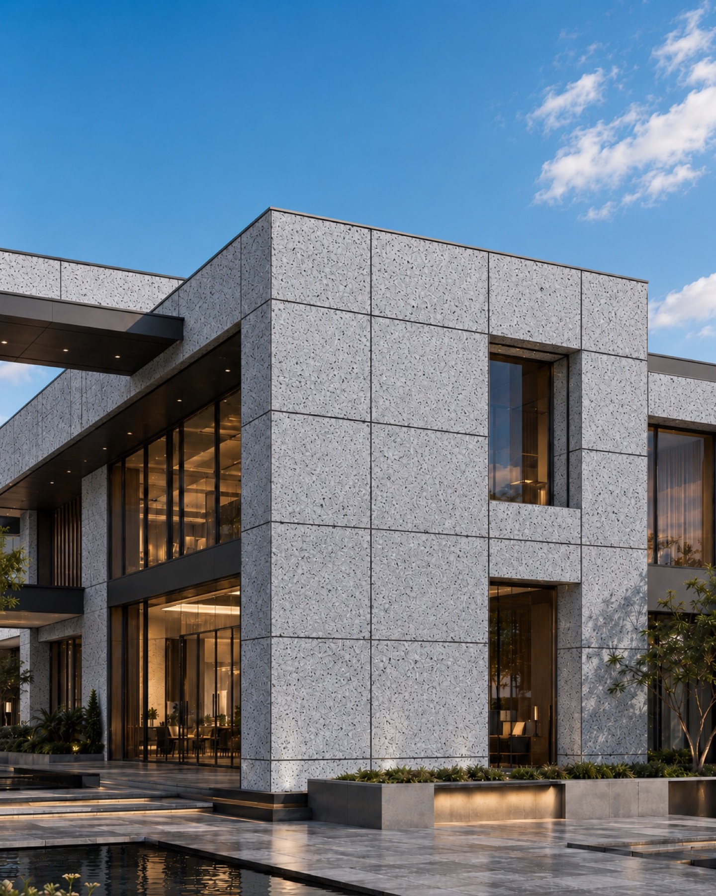 Trowel-applied marble finish facade